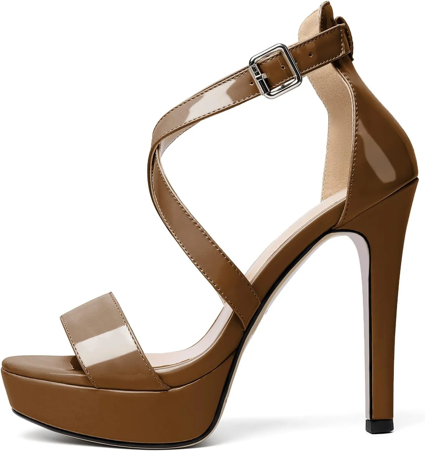AUMOTED Women Cross Strappy Peep Open Toe Sandals Platform Ankle-Strap Stiletto High Heel Dress Shoes Wedding Patent 4.7 Inch Sandals