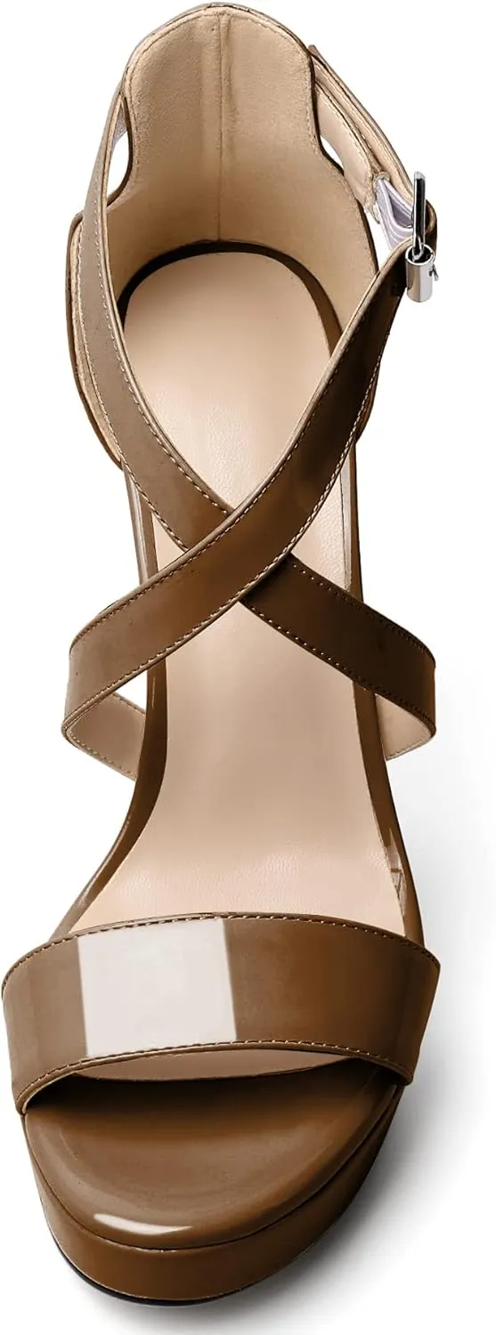 AUMOTED Women Cross Strappy Peep Open Toe Sandals Platform Ankle-Strap Stiletto High Heel Dress Shoes Wedding Patent 4.7 Inch Sandals