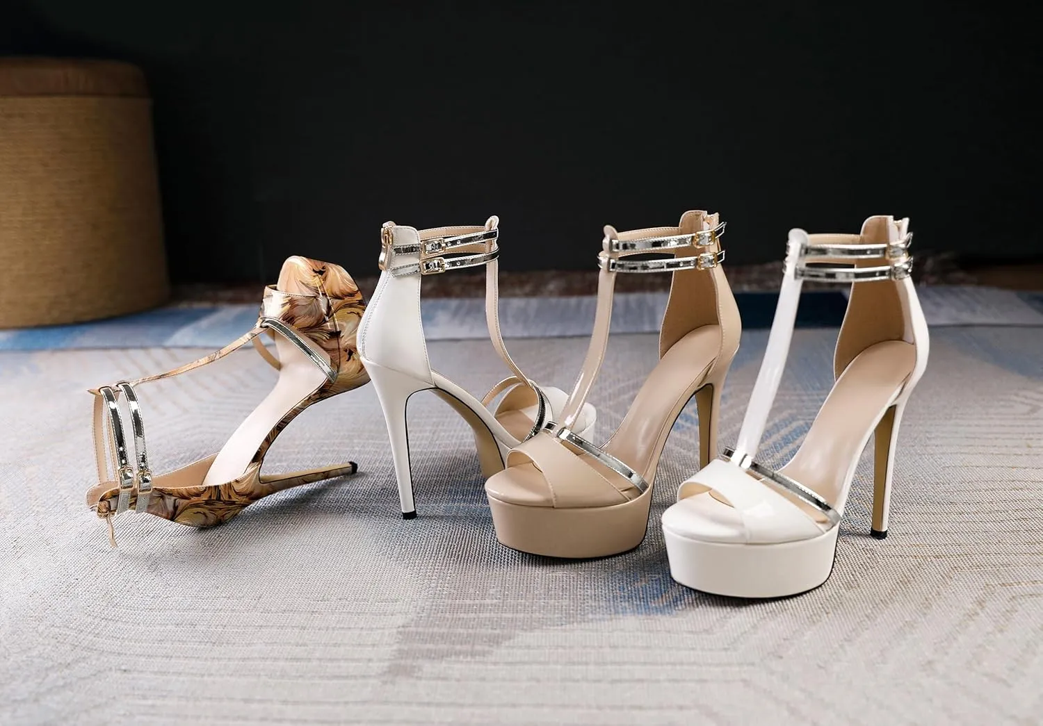 AUMOTED Women High Heels Stiletto Sandals Open Peep Toe Platform Heels T-Strap Heeled Sandals with Zipper Silver Double Ankle Strap 5.5 Inch Summer Fashion Sandals