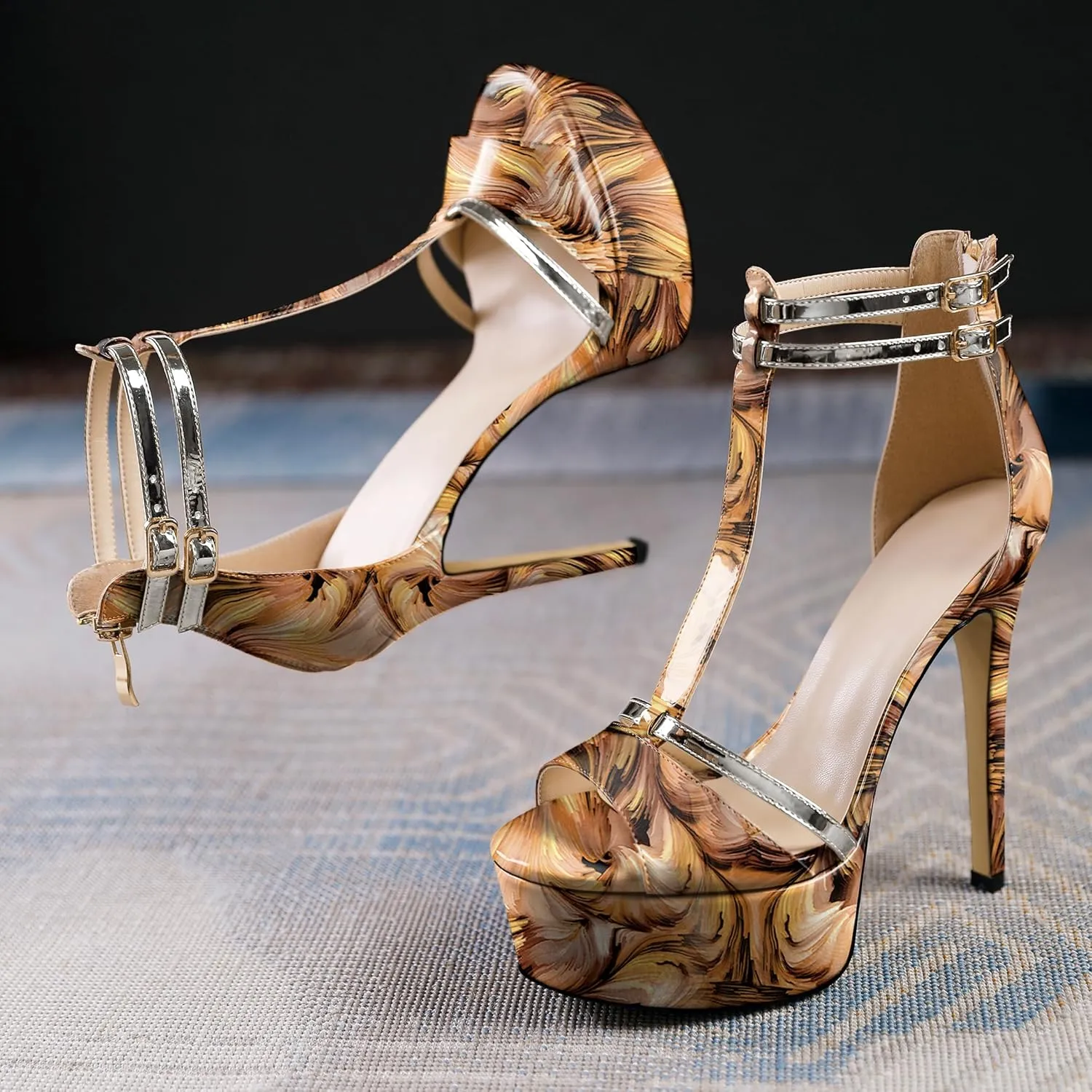 AUMOTED Women High Heels Stiletto Sandals Open Peep Toe Platform Heels T-Strap Heeled Sandals with Zipper Silver Double Ankle Strap 5.5 Inch Summer Fashion Sandals