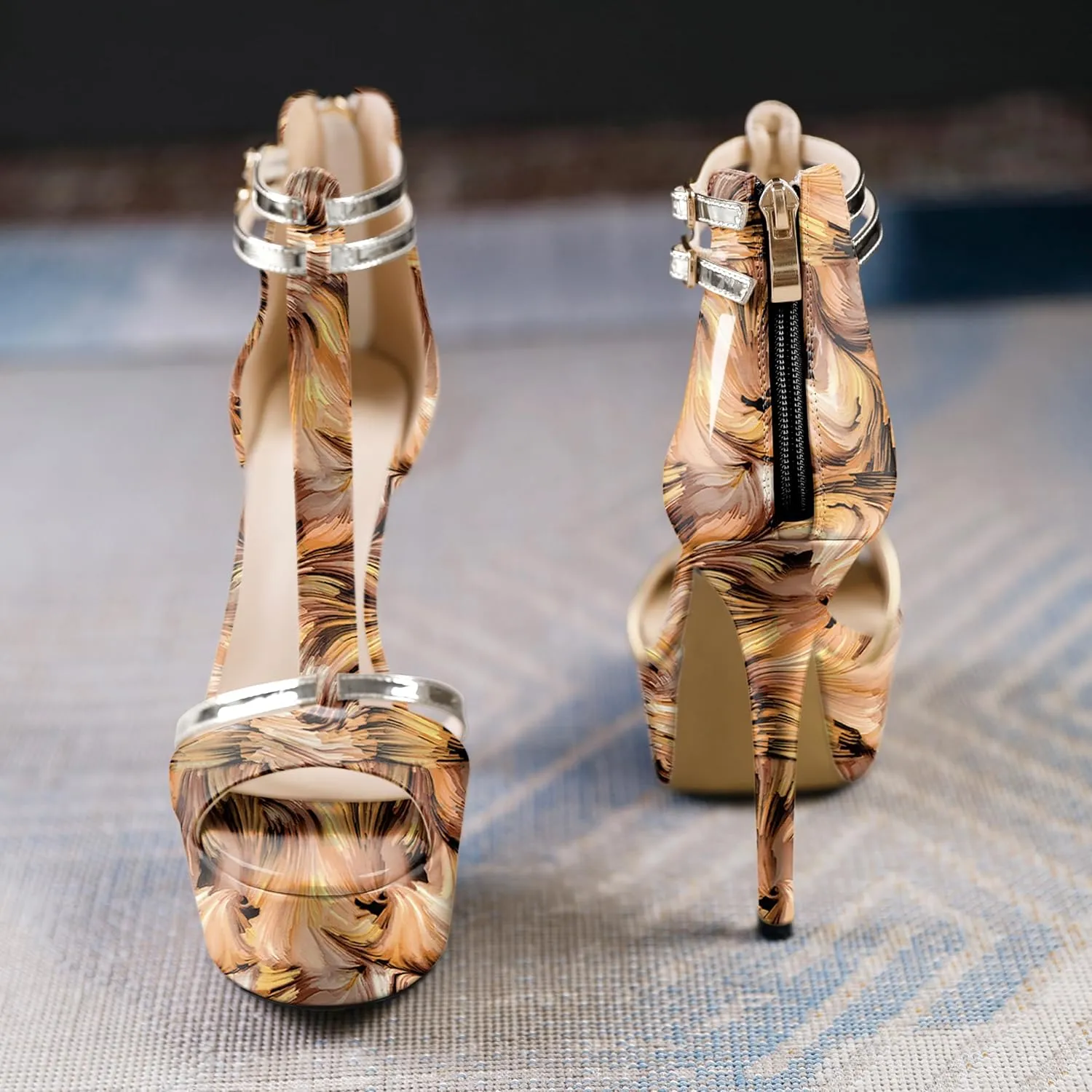 AUMOTED Women High Heels Stiletto Sandals Open Peep Toe Platform Heels T-Strap Heeled Sandals with Zipper Silver Double Ankle Strap 5.5 Inch Summer Fashion Sandals