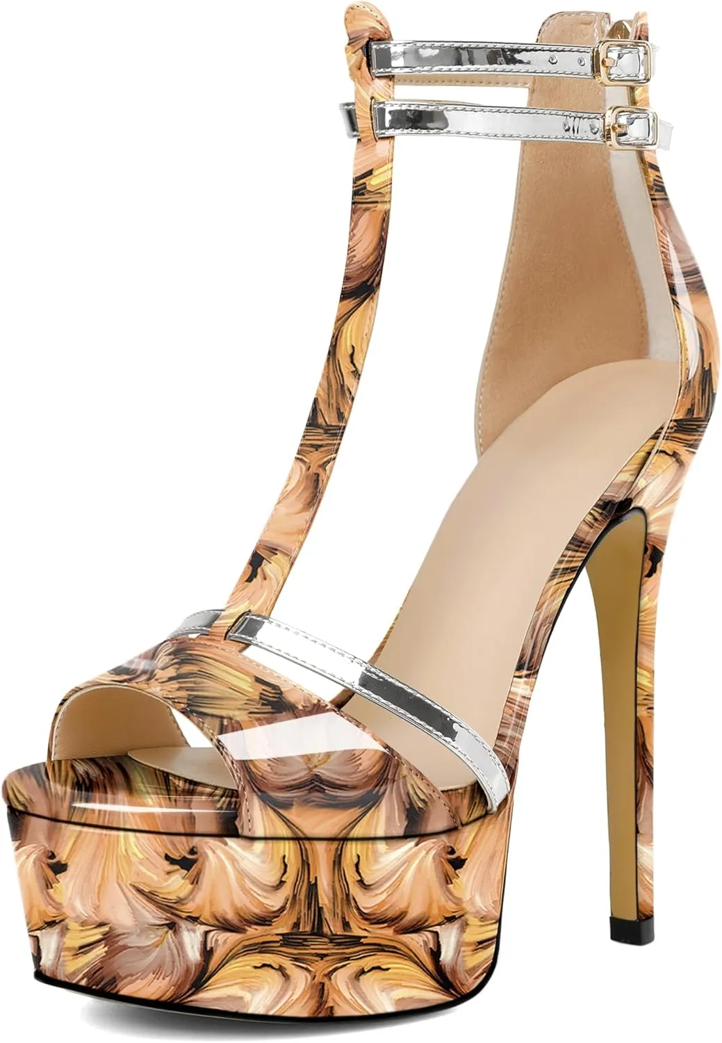 AUMOTED Women High Heels Stiletto Sandals Open Peep Toe Platform Heels T-Strap Heeled Sandals with Zipper Silver Double Ankle Strap 5.5 Inch Summer Fashion Sandals