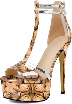 AUMOTED Women High Heels Stiletto Sandals Open Peep Toe Platform Heels T-Strap Heeled Sandals with Zipper Silver Double Ankle Strap 5.5 Inch Summer Fashion Sandals