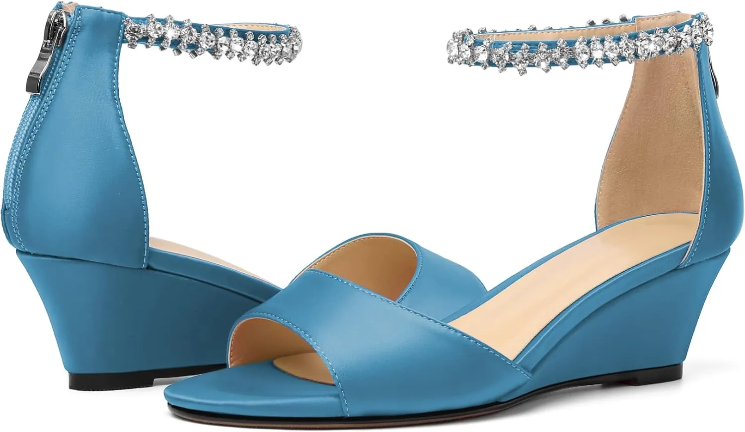 AUMOTED Women Wedge Sandals Peep Open Toe Mid Low Heel Slip-on Slingback Double Elastic Band Heeled Dress Summer Shoes 2 Inch