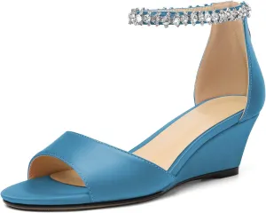 AUMOTED Women Wedge Sandals Peep Open Toe Mid Low Heel Slip-on Slingback Double Elastic Band Heeled Dress Summer Shoes 2 Inch