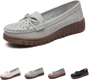 AUNTHUI Women's Leather Low Wedge Loafers,Slip On Dress Shoes,Hollow Out Breathable Soft Comfortable Walking Casual Driving Penny Shoes