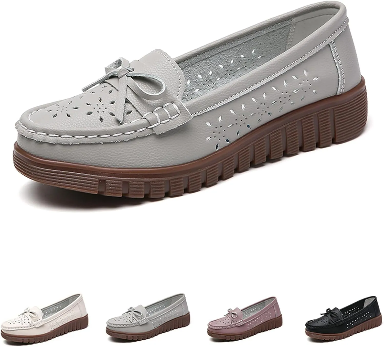 AUNTHUI Women's Leather Low Wedge Loafers,Slip On Dress Shoes,Hollow Out Breathable Soft Comfortable Walking Casual Driving Penny Shoes