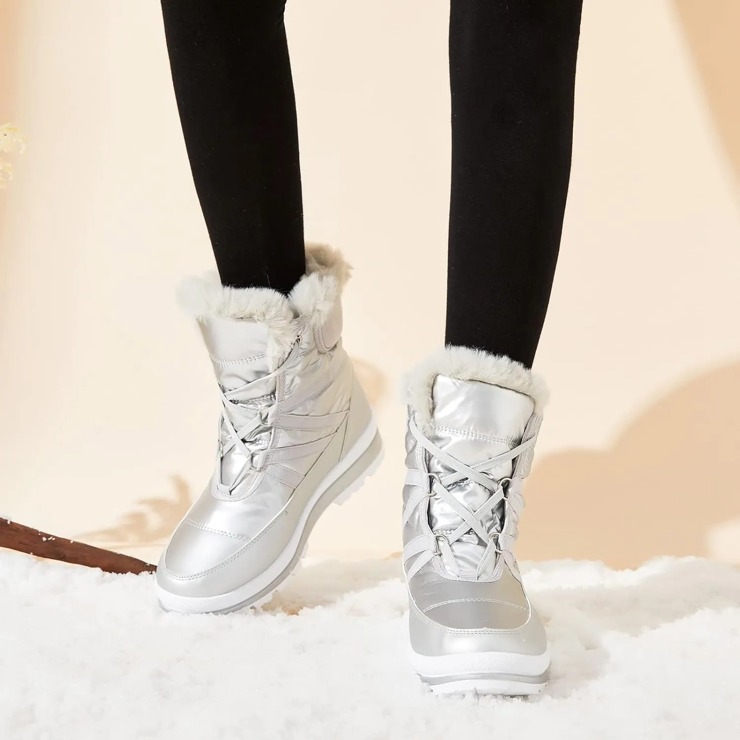 BABUDOG Womens Warm Fur Lined Mid-Calf Boots Waterproof Winter Snow Boots Non-slip Lace up Combat Boots