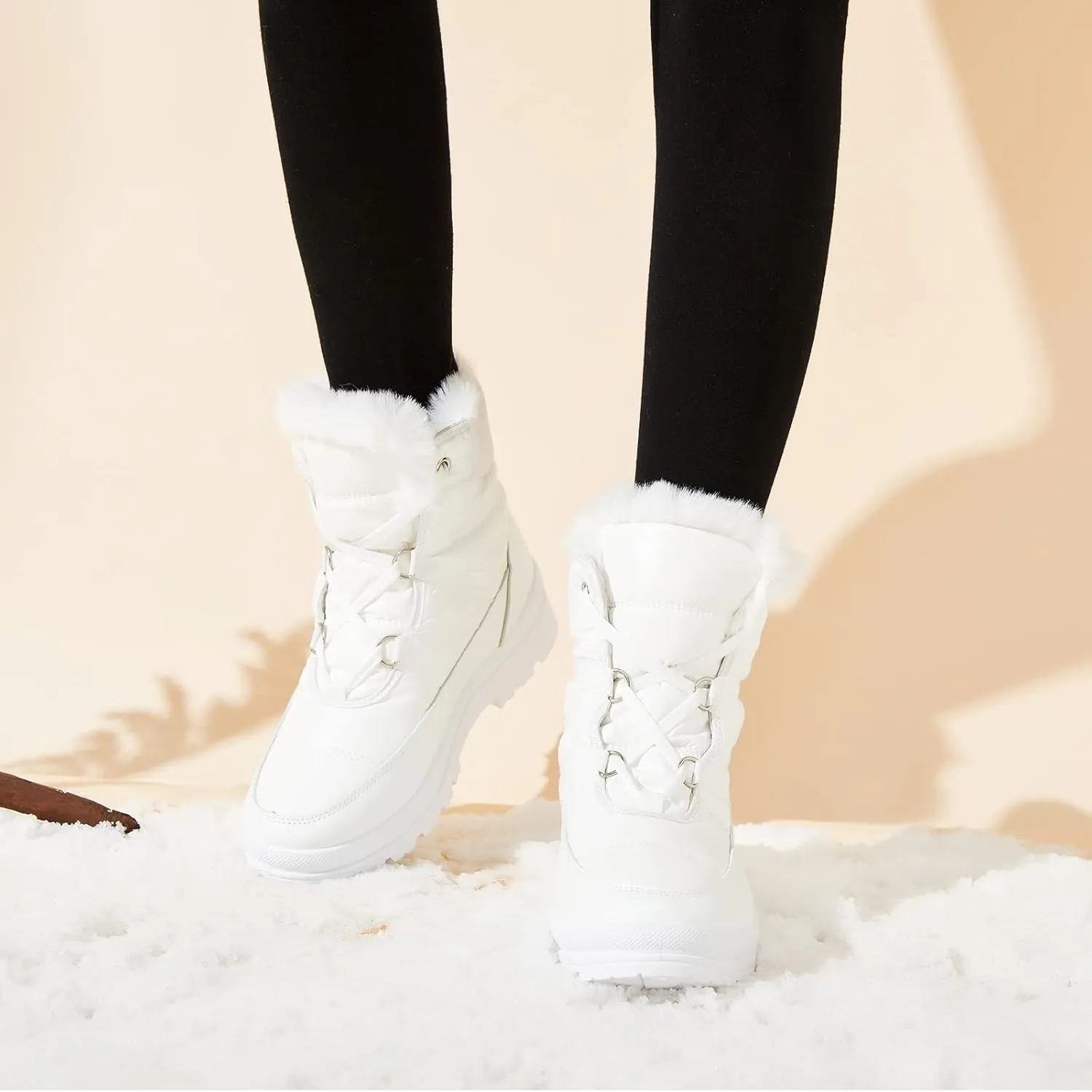 BABUDOG Womens Warm Fur Lined Mid-Calf Boots Waterproof Winter Snow Boots Non-slip Lace up Combat Boots