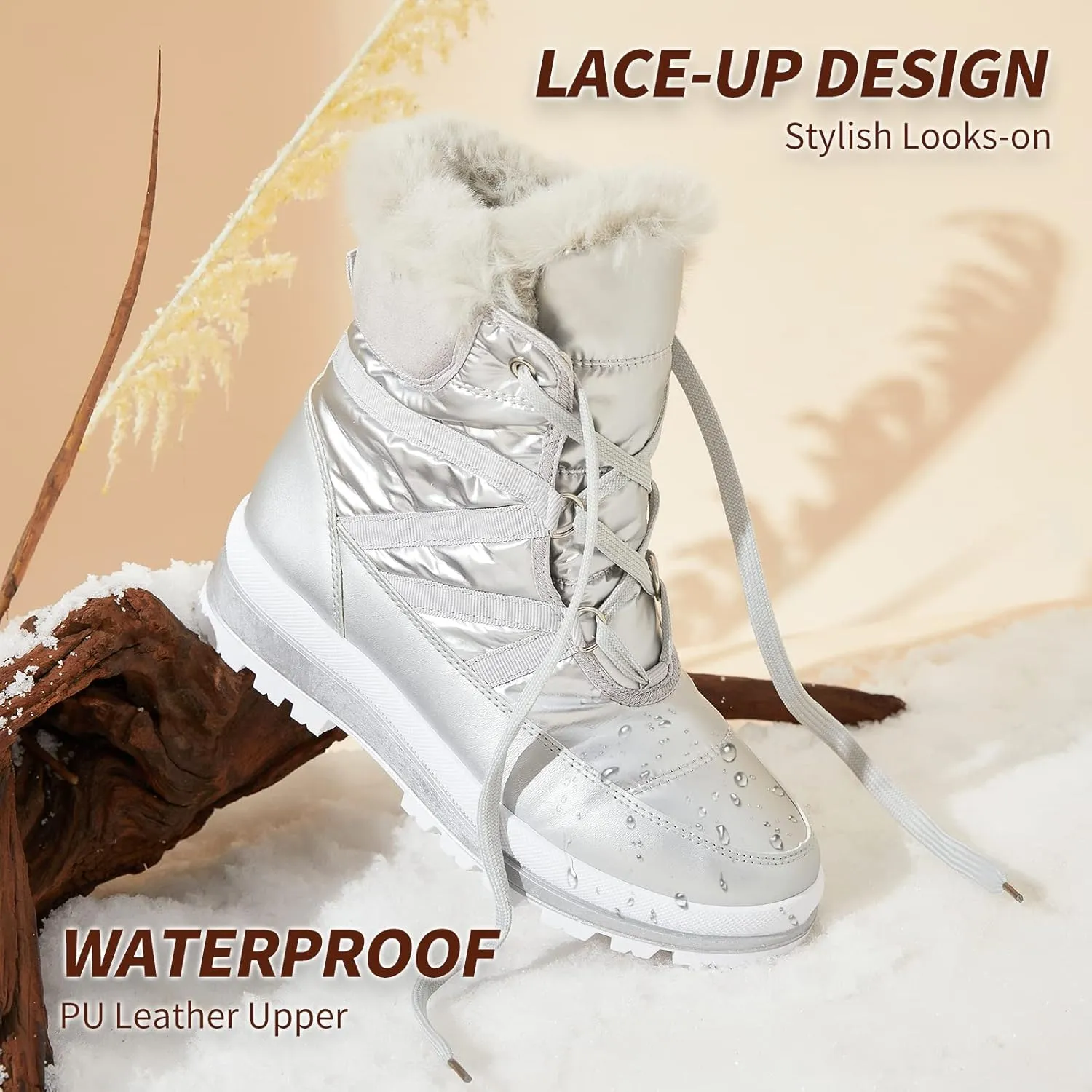 BABUDOG Womens Warm Fur Lined Mid-Calf Boots Waterproof Winter Snow Boots Non-slip Lace up Combat Boots