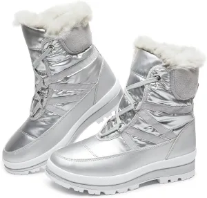 BABUDOG Womens Warm Fur Lined Mid-Calf Boots Waterproof Winter Snow Boots Non-slip Lace up Combat Boots