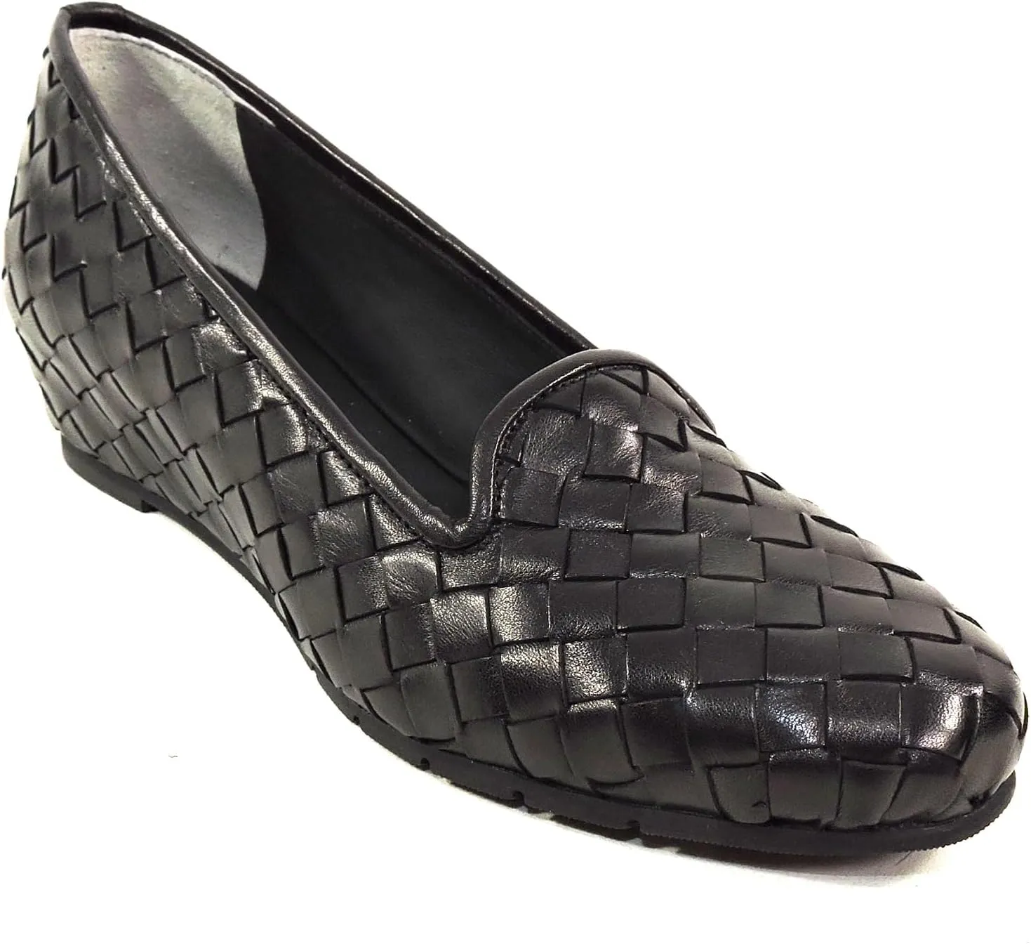 Baldinini Women's Black Woven Leather Comfort Loafers, Slip-On Wedge Flats