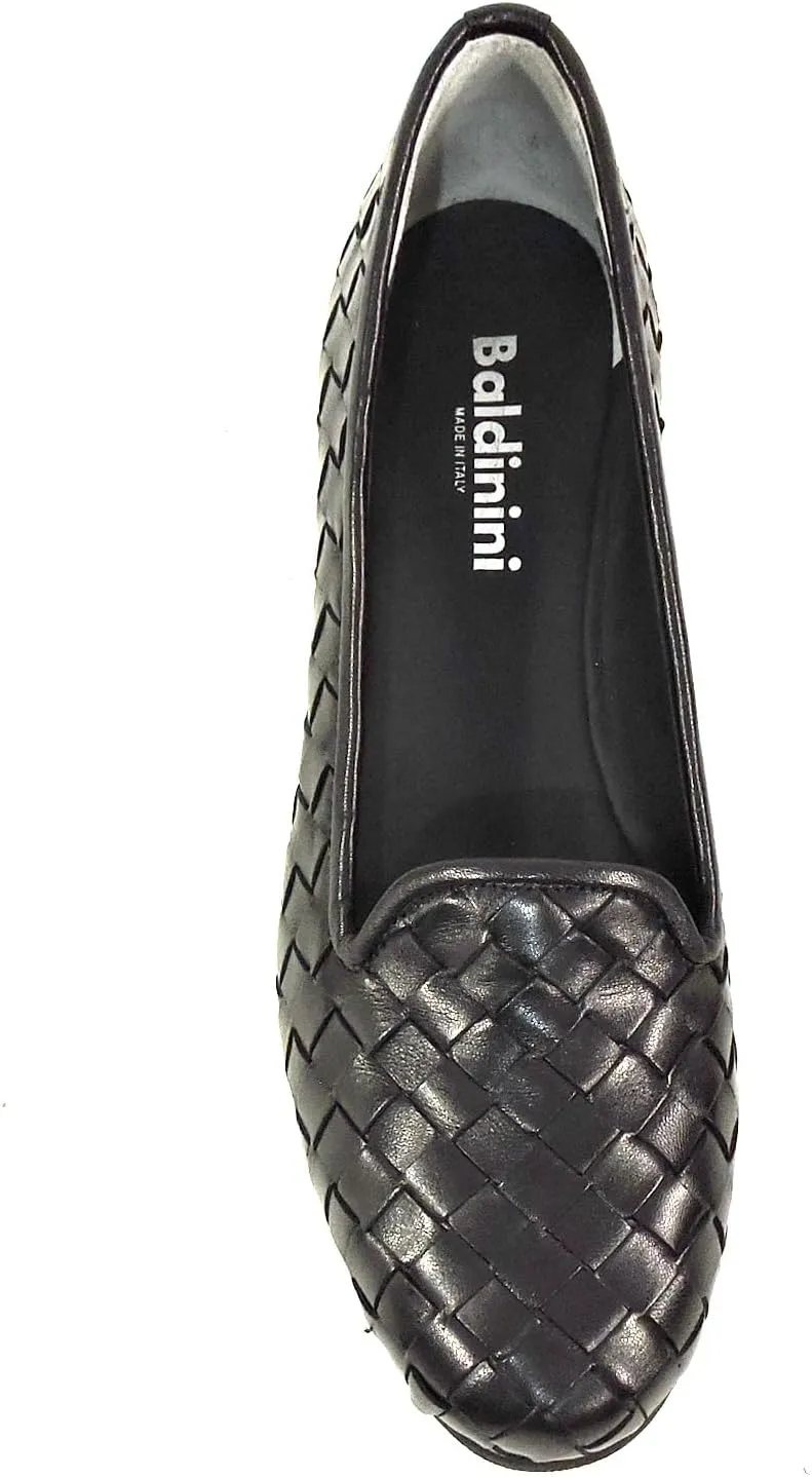 Baldinini Women's Black Woven Leather Comfort Loafers, Slip-On Wedge Flats
