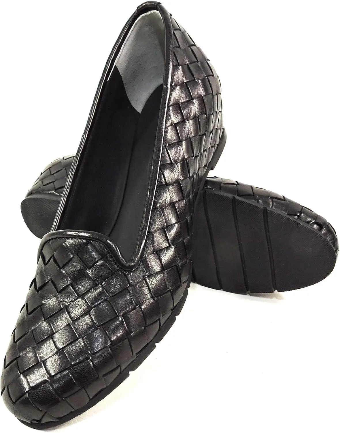 Baldinini Women's Black Woven Leather Comfort Loafers, Slip-On Wedge Flats