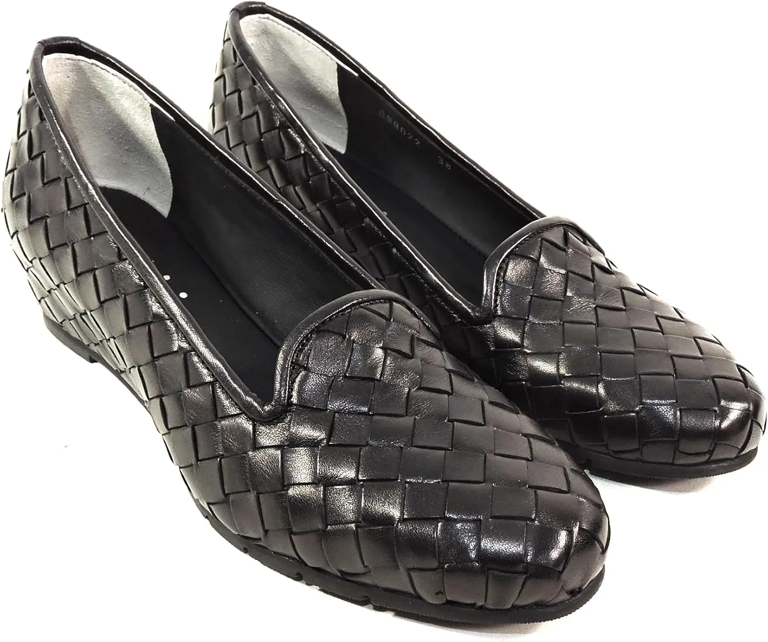 Baldinini Women's Black Woven Leather Comfort Loafers, Slip-On Wedge Flats