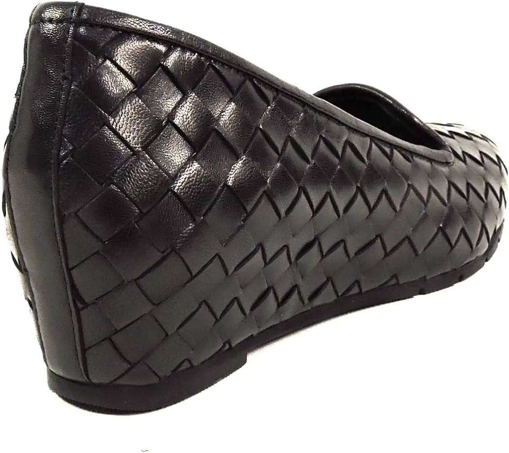 Baldinini Women's Black Woven Leather Comfort Loafers, Slip-On Wedge Flats