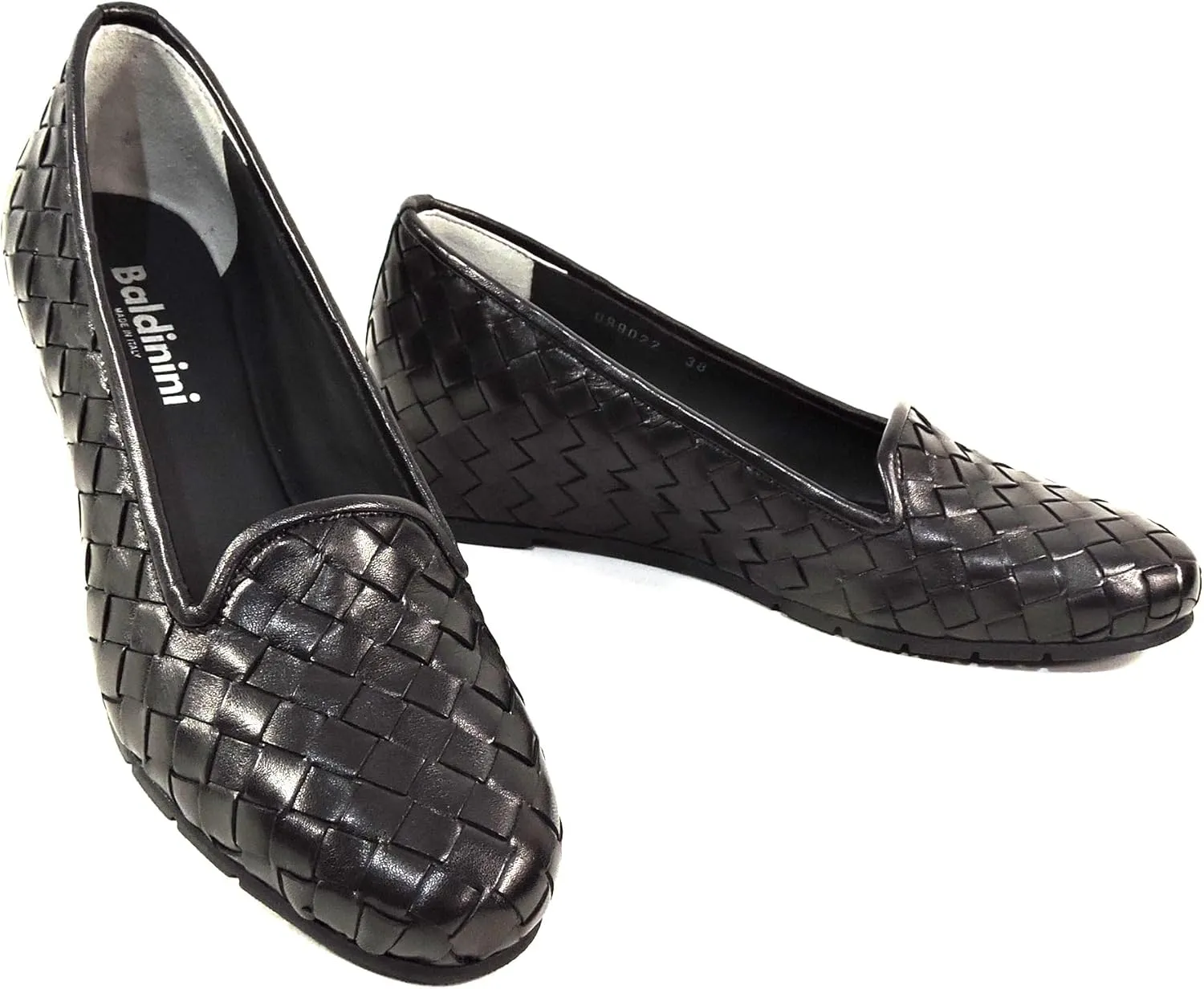 Baldinini Women's Black Woven Leather Comfort Loafers, Slip-On Wedge Flats