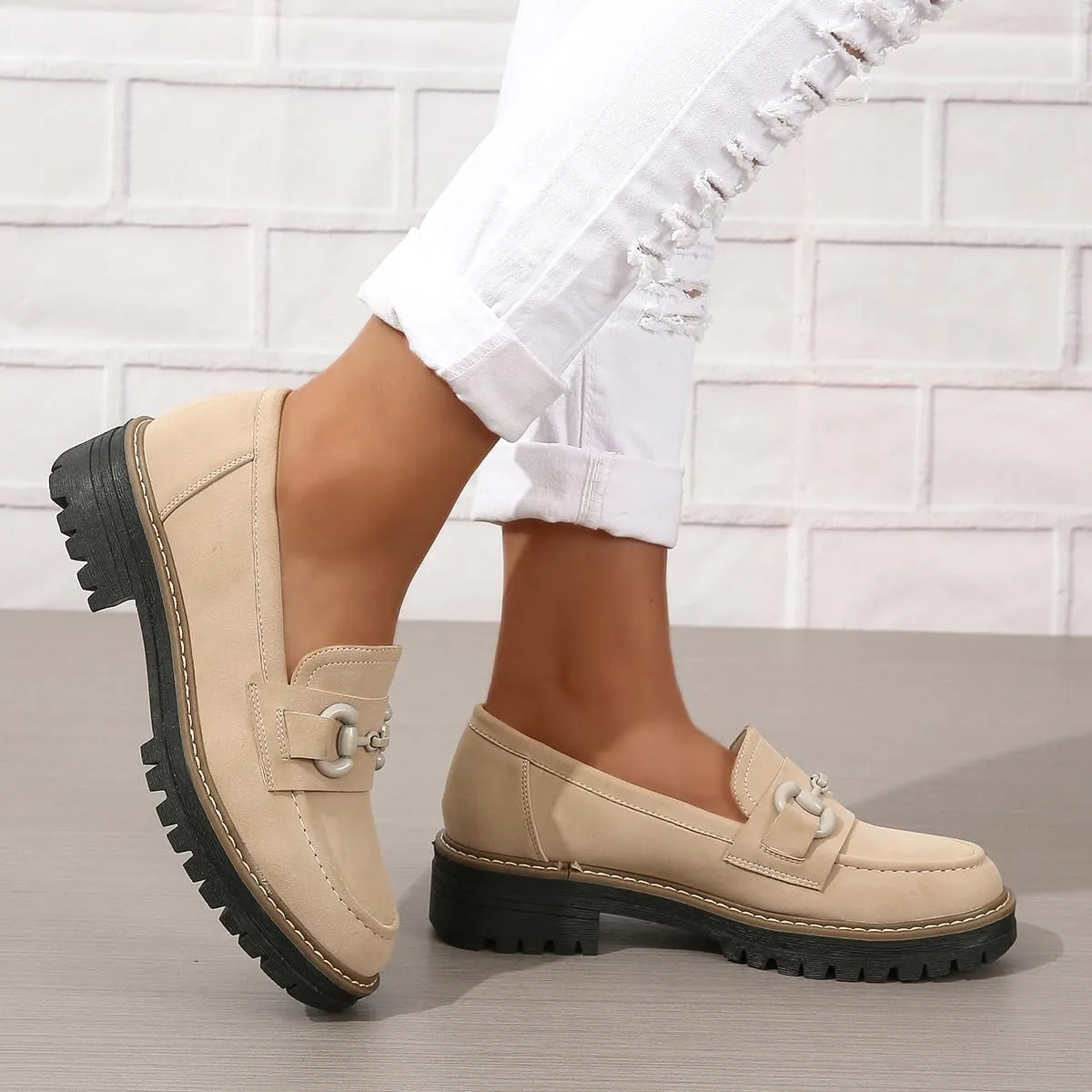 Bandkos Womens Penny Platform Loafers-Fashion Suede Platform Chunky Slip On Dress Shoes Business Lug Sole Loafers US Size 5-12