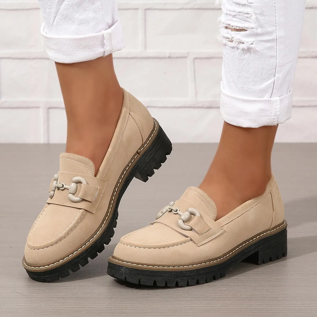 Bandkos Womens Penny Platform Loafers-Fashion Suede Platform Chunky Slip On Dress Shoes Business Lug Sole Loafers US Size 5-12