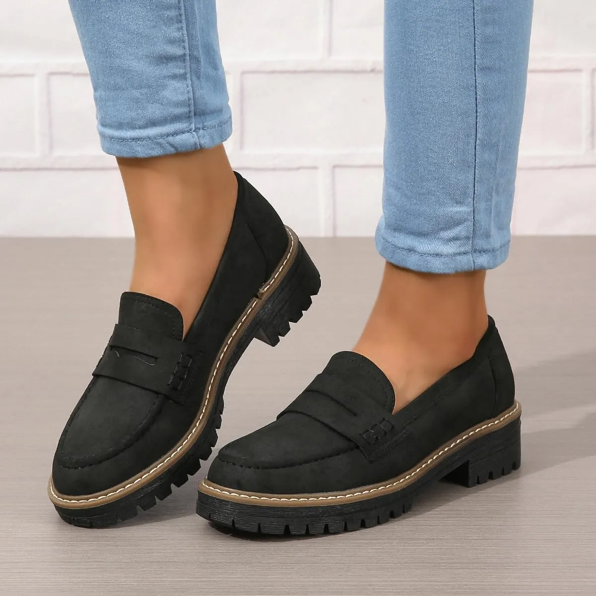 Bandkos Women's Platform Penny Loafers Slip On-Suede Chunky Dress Shoes Casual Business Oxford for Work