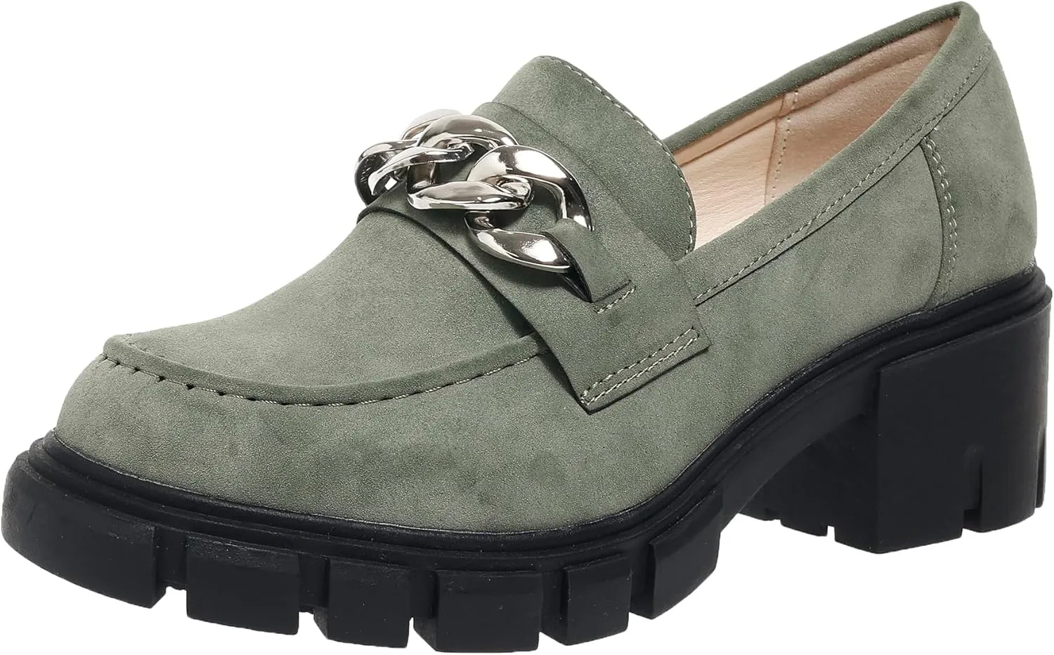 Bandkos Womens Slip On Penny Loafers Platform Chunky Loafer Lug Sole Suede Work Business Casual Dress Uniform Oxfords with Metal Chain