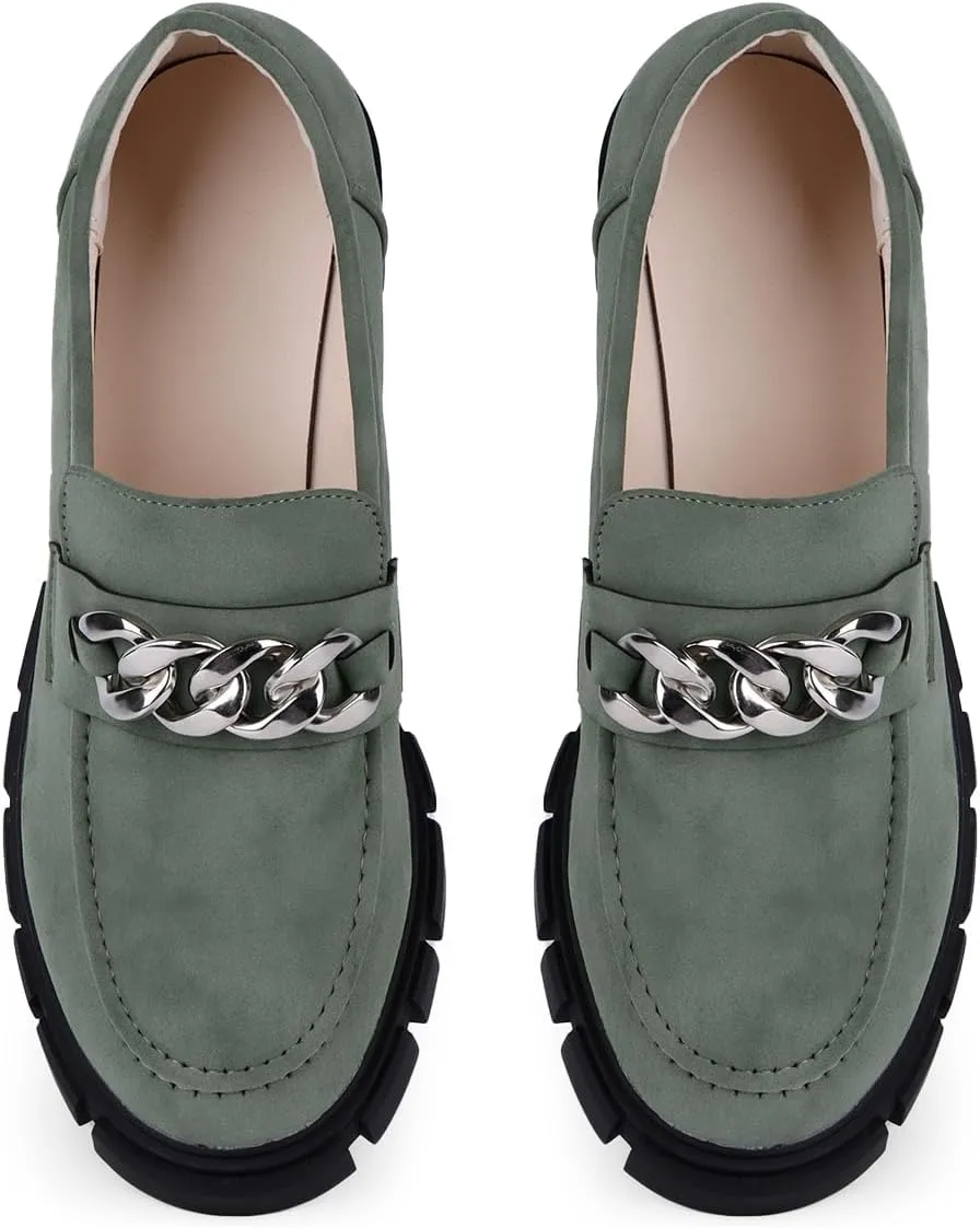 Bandkos Womens Slip On Penny Loafers Platform Chunky Loafer Lug Sole Suede Work Business Casual Dress Uniform Oxfords with Metal Chain