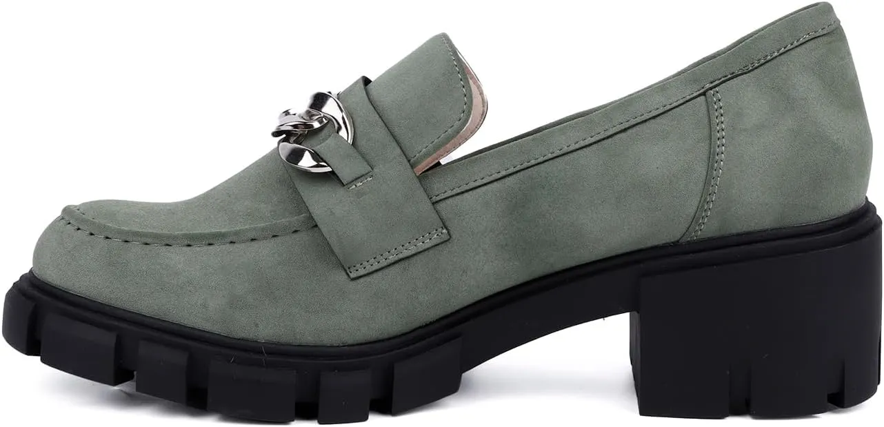 Bandkos Womens Slip On Penny Loafers Platform Chunky Loafer Lug Sole Suede Work Business Casual Dress Uniform Oxfords with Metal Chain