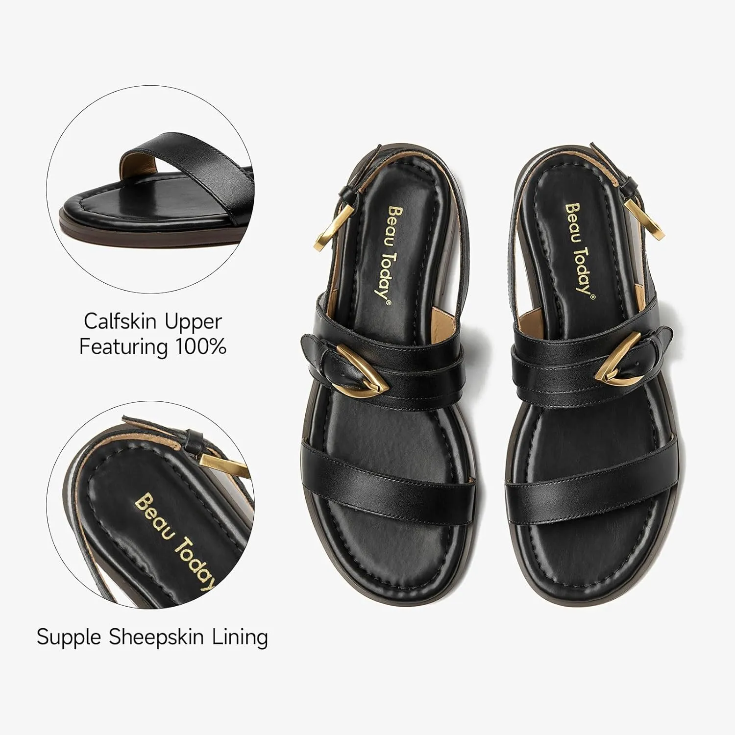 BEAU TODAY Flat Sandals for Women,Adjustable Strappy Sandals for Women,Summer Fashion Comfortable Open-Toe Wide Dress Leather Sandals for Vacation Hiking