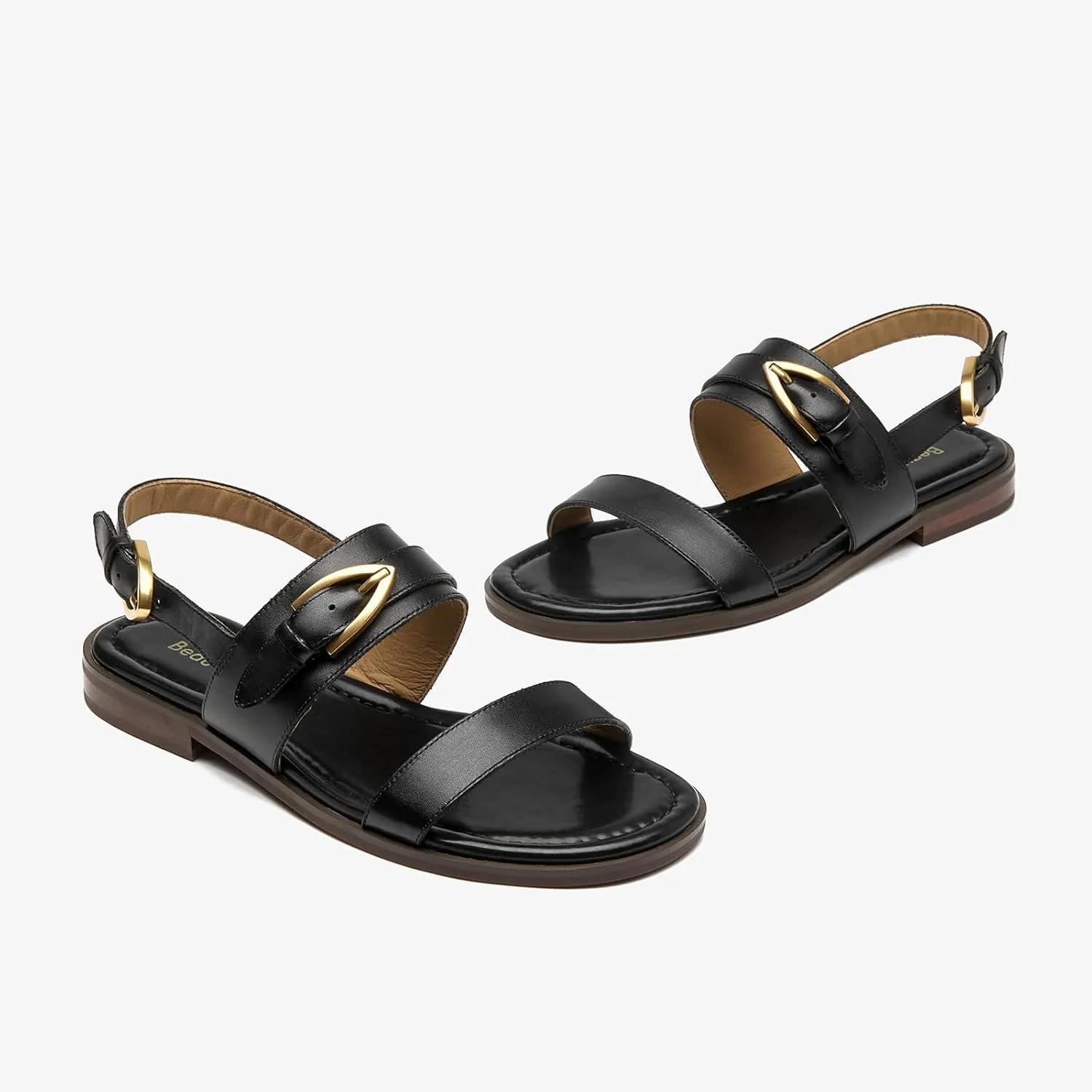 BEAU TODAY Flat Sandals for Women,Adjustable Strappy Sandals for Women,Summer Fashion Comfortable Open-Toe Wide Dress Leather Sandals for Vacation Hiking