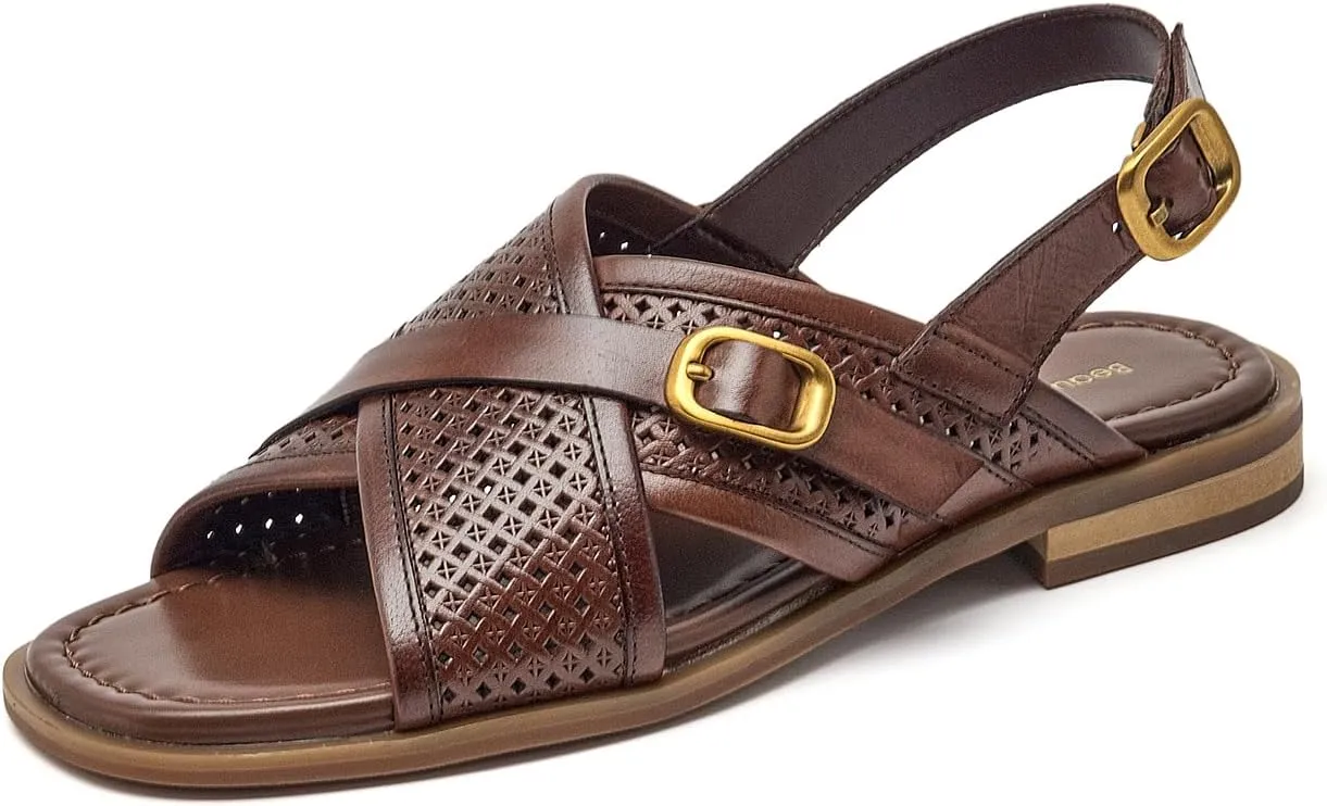 BEAU TODAY Flat Sandals for Women,Wide Cross Band Sandals for Women,Leather Comfortable Sandals,Summer Open-Toe Sandals for Beach Walking Casual