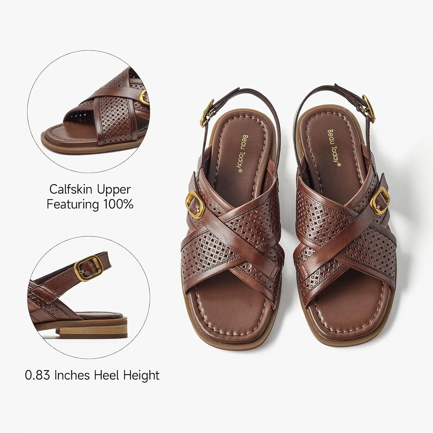 BEAU TODAY Flat Sandals for Women,Wide Cross Band Sandals for Women,Leather Comfortable Sandals,Summer Open-Toe Sandals for Beach Walking Casual