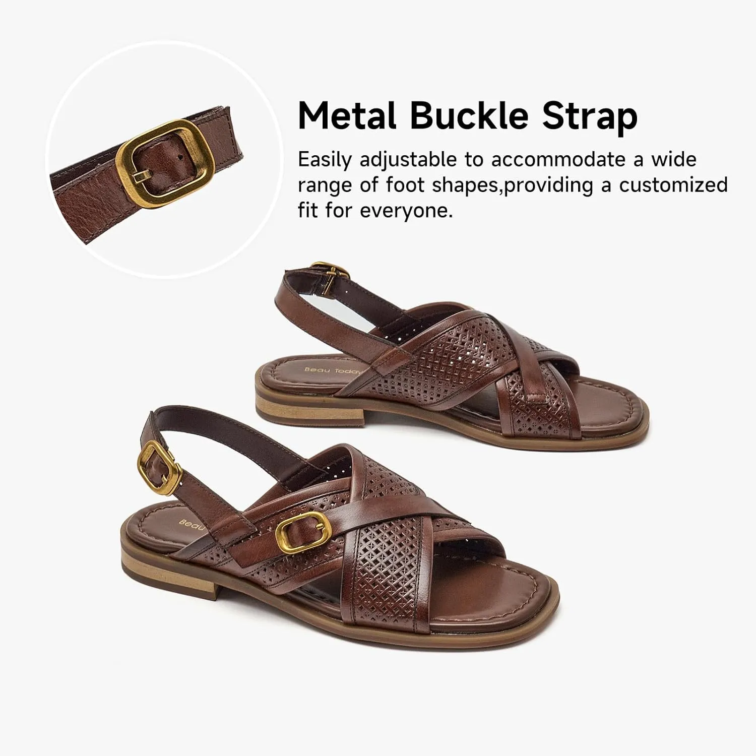 BEAU TODAY Flat Sandals for Women,Wide Cross Band Sandals for Women,Leather Comfortable Sandals,Summer Open-Toe Sandals for Beach Walking Casual