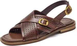 BEAU TODAY Flat Sandals for Women,Wide Cross Band Sandals for Women,Leather Comfortable Sandals,Summer Open-Toe Sandals for Beach Walking Casual