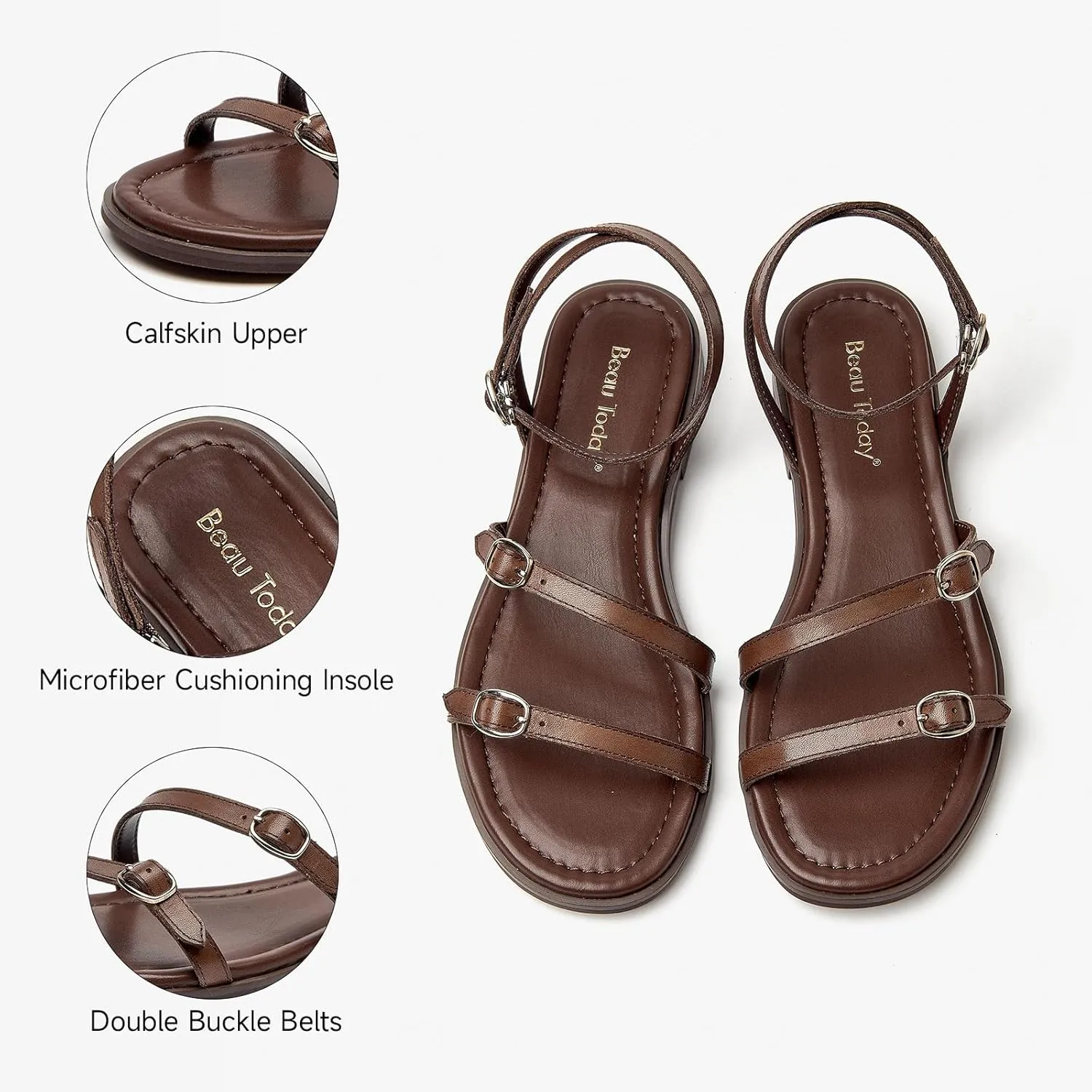 BEAU TODAY Womens Flat Sandals,Strappy Leather Summer Sandals for Women, Comfortable Slingback Cute Dressy Sandals for Beach Vacation Casual Walking