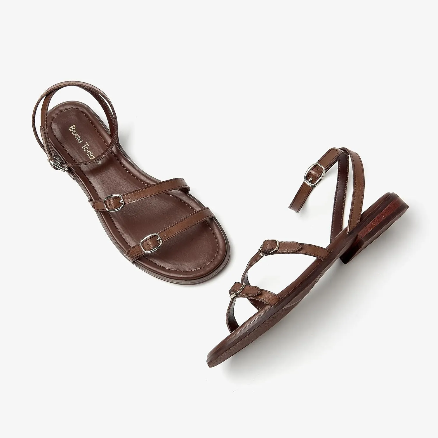 BEAU TODAY Womens Flat Sandals,Strappy Leather Summer Sandals for Women, Comfortable Slingback Cute Dressy Sandals for Beach Vacation Casual Walking