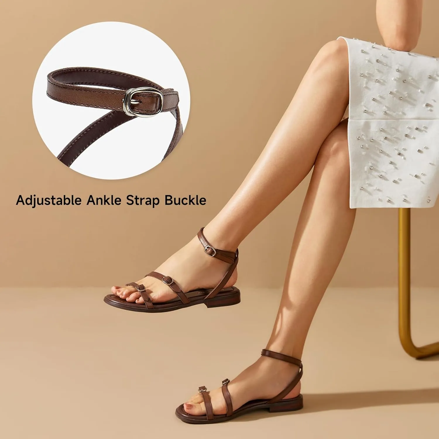 BEAU TODAY Womens Flat Sandals,Strappy Leather Summer Sandals for Women, Comfortable Slingback Cute Dressy Sandals for Beach Vacation Casual Walking