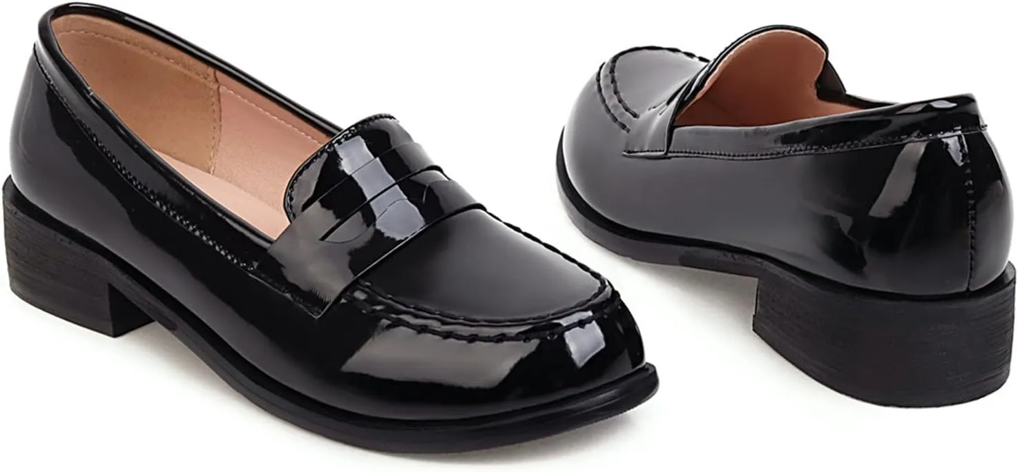 Betastella Women's Metallic Loafers Chunky Heel Loafers Low Heeled Slip On Pumps Office Work Shoes