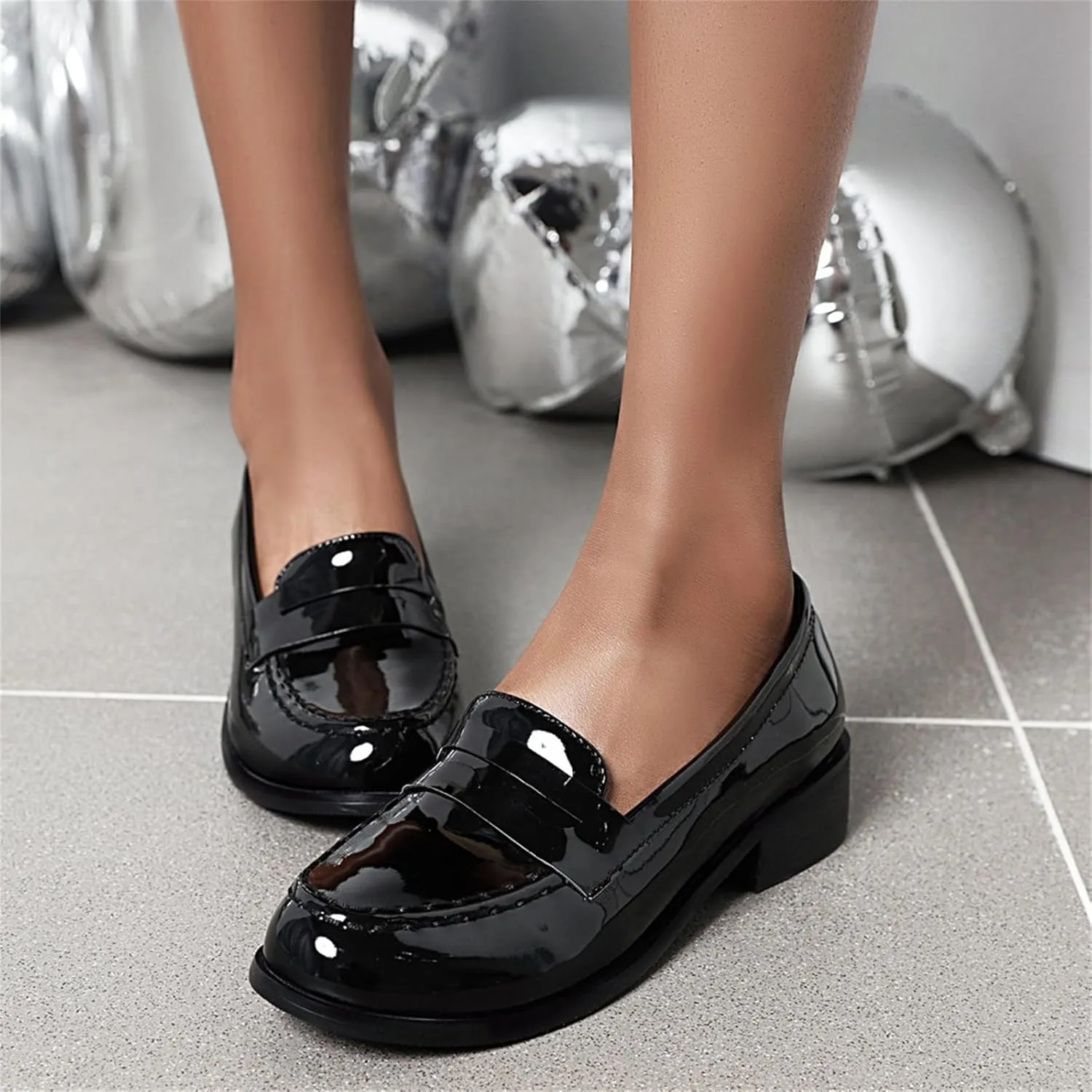 Betastella Women's Metallic Loafers Chunky Heel Loafers Low Heeled Slip On Pumps Office Work Shoes