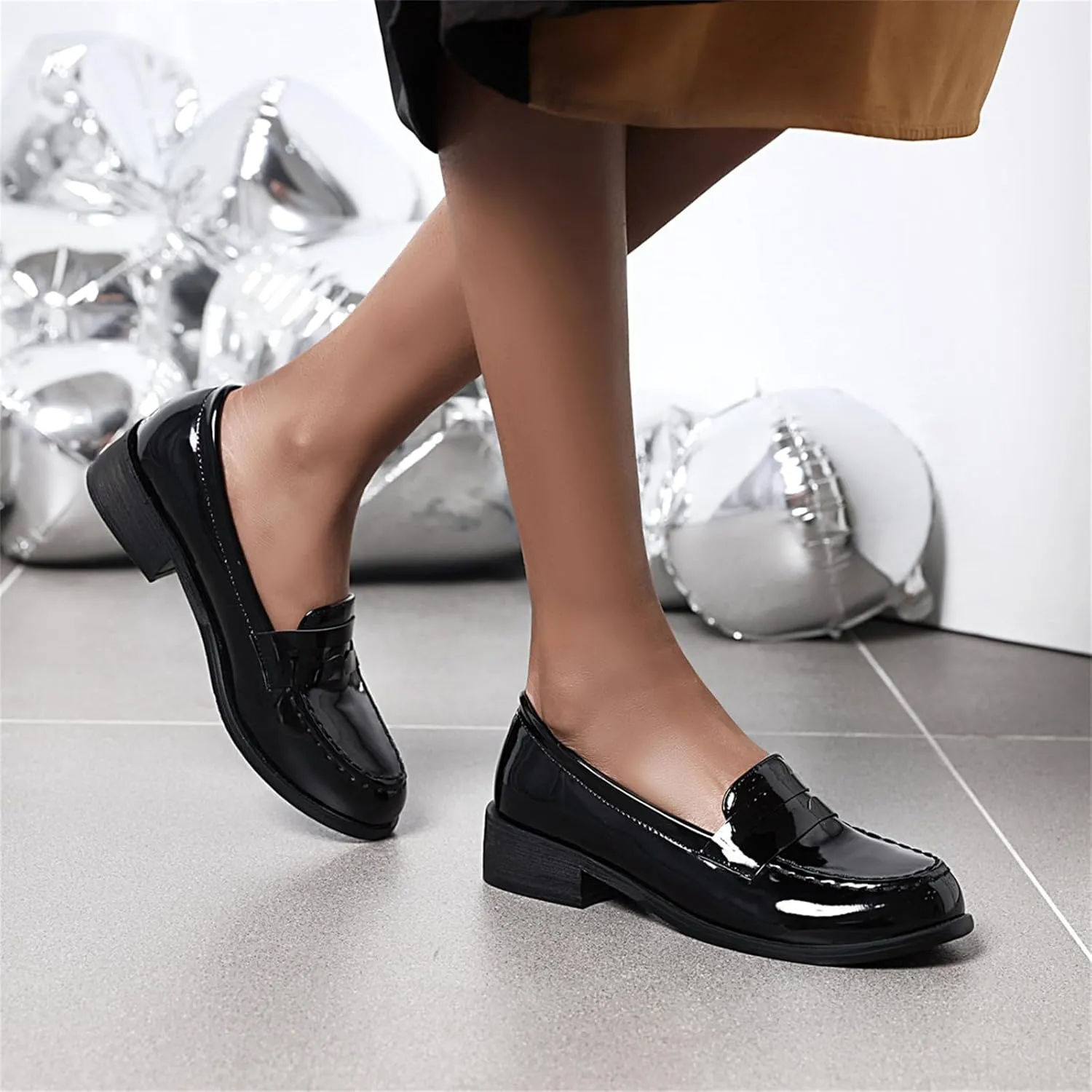Betastella Women's Metallic Loafers Chunky Heel Loafers Low Heeled Slip On Pumps Office Work Shoes