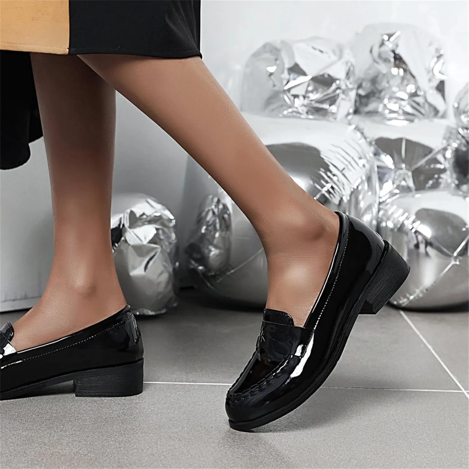 Betastella Women's Metallic Loafers Chunky Heel Loafers Low Heeled Slip On Pumps Office Work Shoes