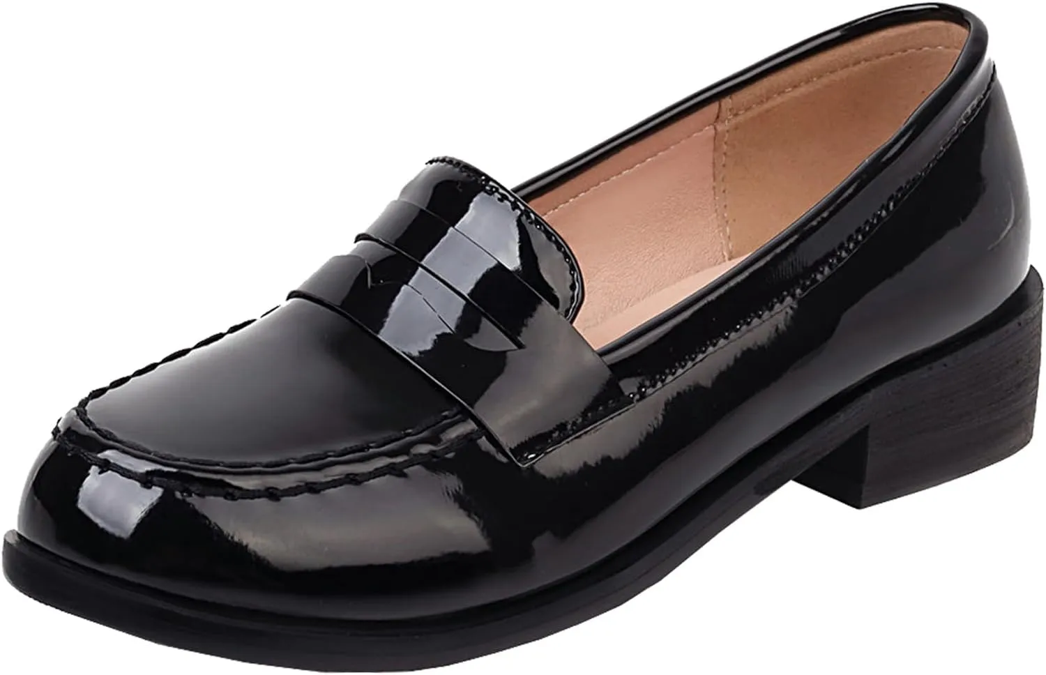 Betastella Women's Metallic Loafers Chunky Heel Loafers Low Heeled Slip On Pumps Office Work Shoes
