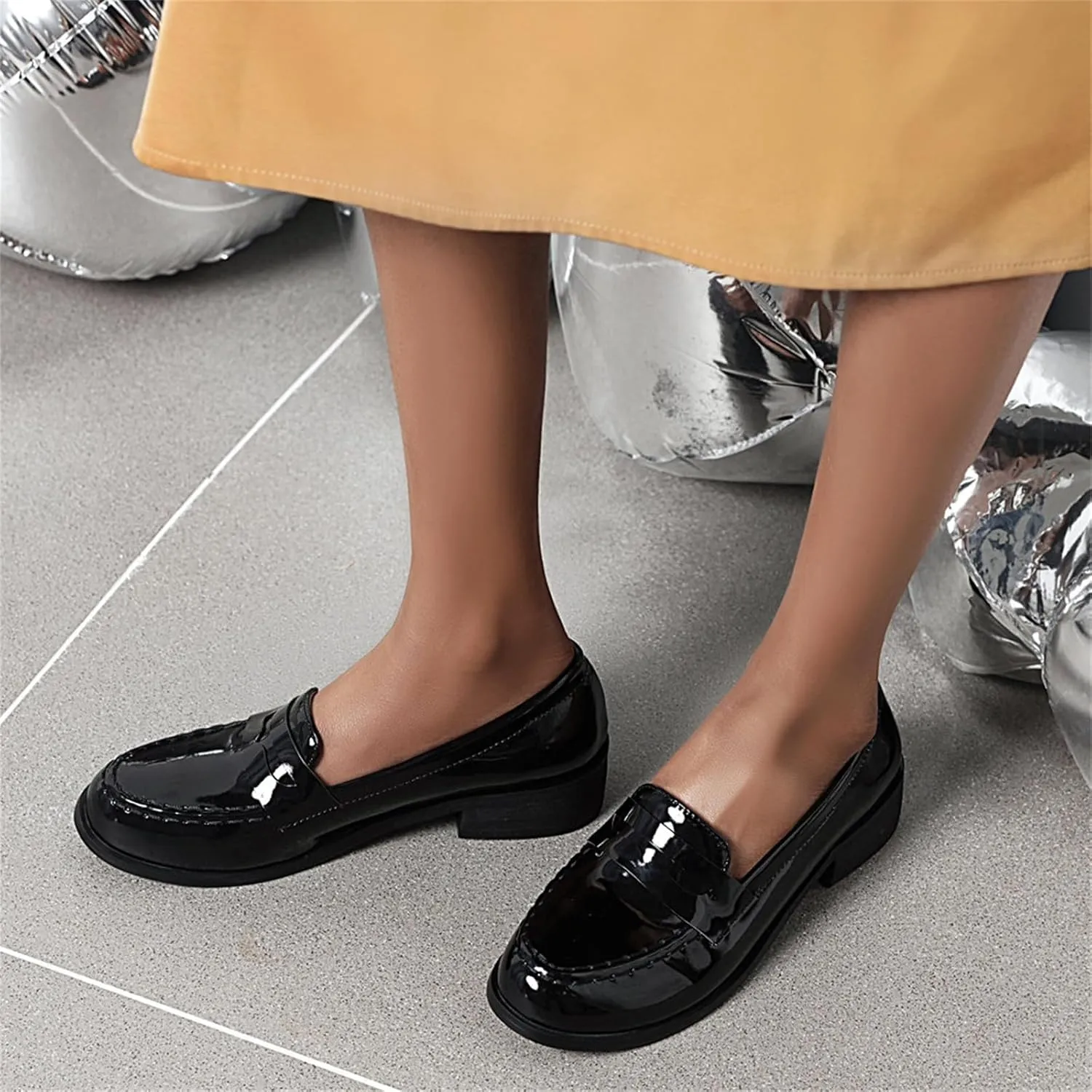 Betastella Women's Metallic Loafers Chunky Heel Loafers Low Heeled Slip On Pumps Office Work Shoes
