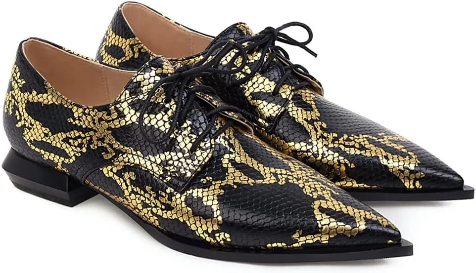 Betastella Women's Snake Skin Pointed Toe Oxfords Flats Low Chunky Heel Lace Up Pumps