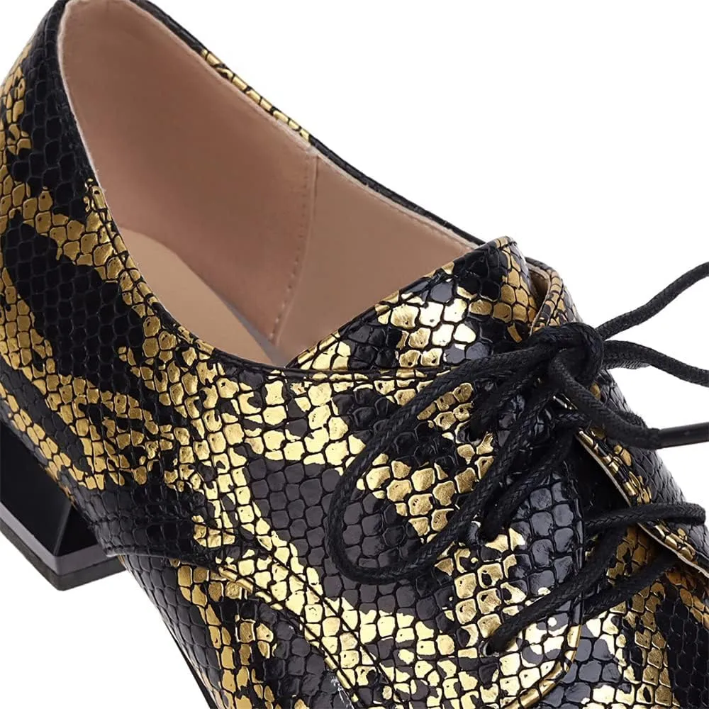 Betastella Women's Snake Skin Pointed Toe Oxfords Flats Low Chunky Heel Lace Up Pumps