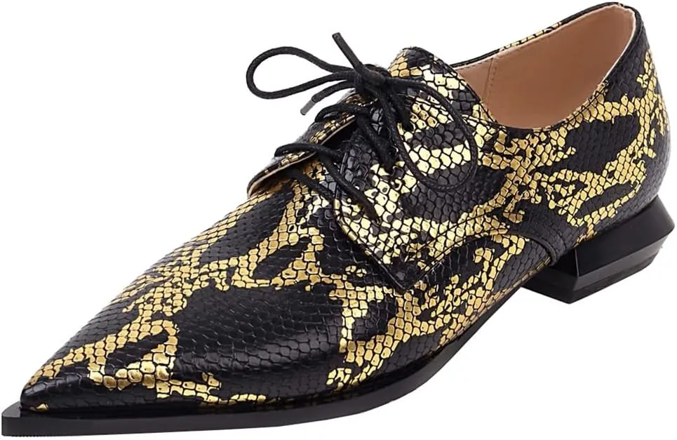 Betastella Women's Snake Skin Pointed Toe Oxfords Flats Low Chunky Heel Lace Up Pumps