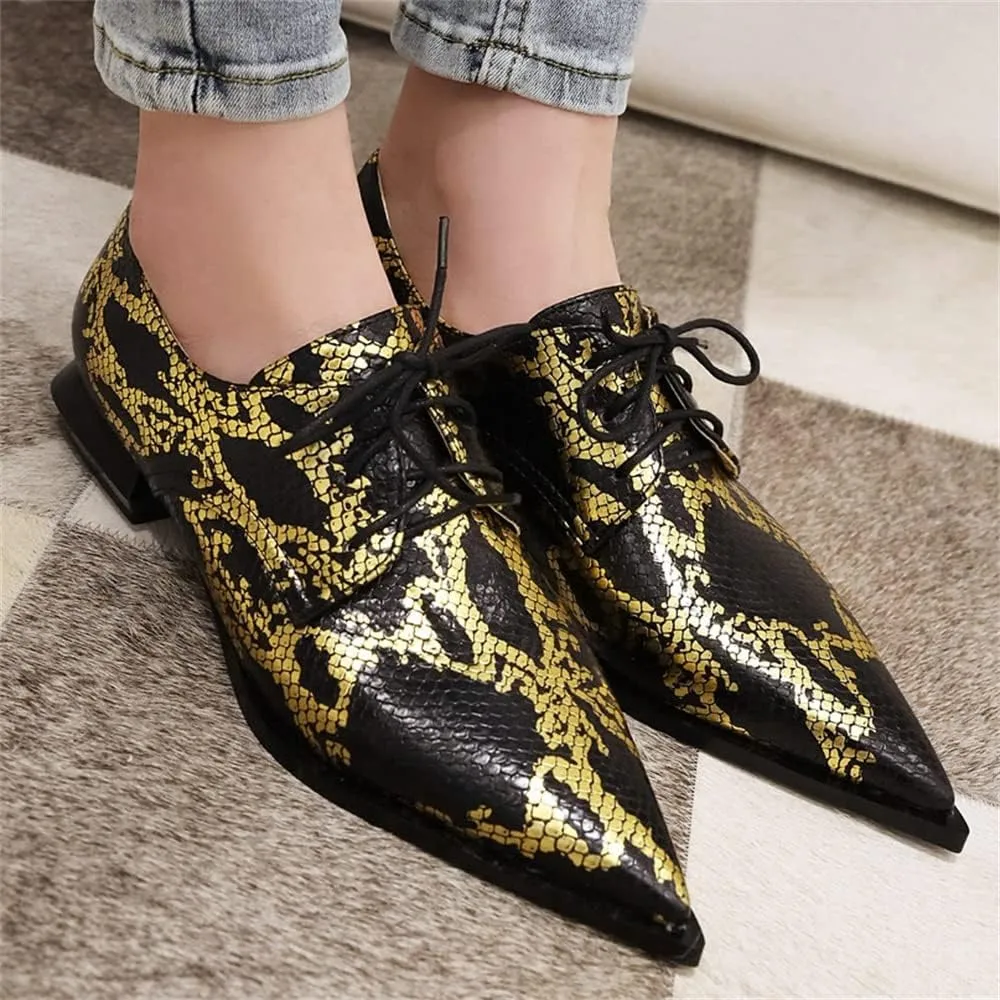 Betastella Women's Snake Skin Pointed Toe Oxfords Flats Low Chunky Heel Lace Up Pumps
