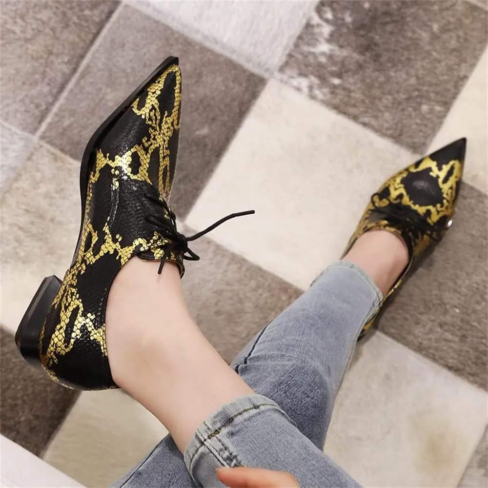 Betastella Women's Snake Skin Pointed Toe Oxfords Flats Low Chunky Heel Lace Up Pumps