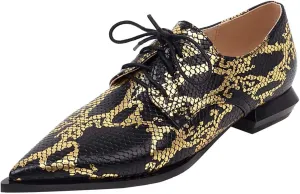 Betastella Women's Snake Skin Pointed Toe Oxfords Flats Low Chunky Heel Lace Up Pumps