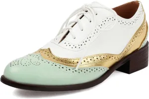 Betastella Womens Vintage Lace Up Wingtip Oxfords Brogue Oxford Shoes Chunky Low Heel Round Toe Pumps Shoes