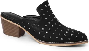 Bigwow Fashion Women's Rivet Chunky Block Heel Mules Closed Point Toe Clogs Backless Pumps Slip On Slides Casual Dressy Sandal Shoes